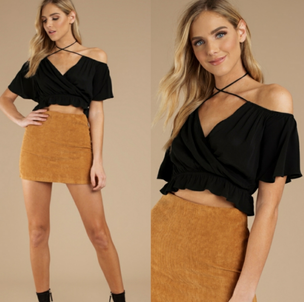 Tobi Black Off Shoulder Halter Criss Cross Crop